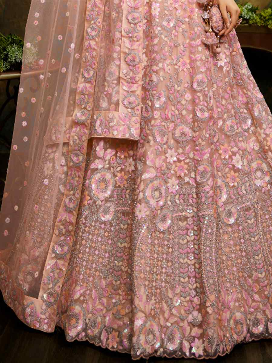 Peach Net Embroidered Festival Wedding Circular Lehenga Choli