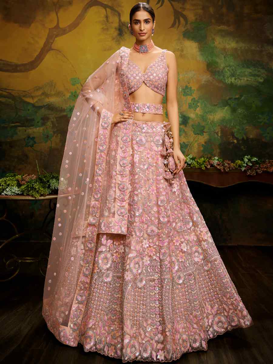 Peach Net Embroidered Festival Wedding Circular Lehenga Choli