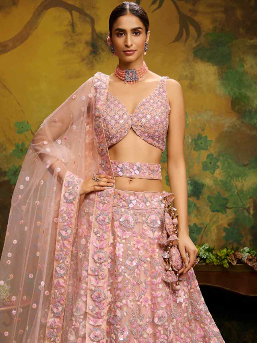 Peach Net Embroidered Festival Wedding Circular Lehenga Choli