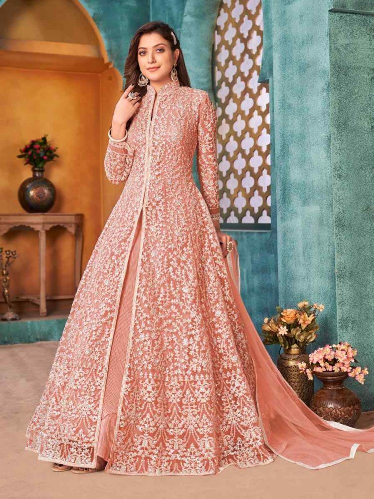 Peach Net Embroidered Party Engagement Anarkali Salwar Kameez