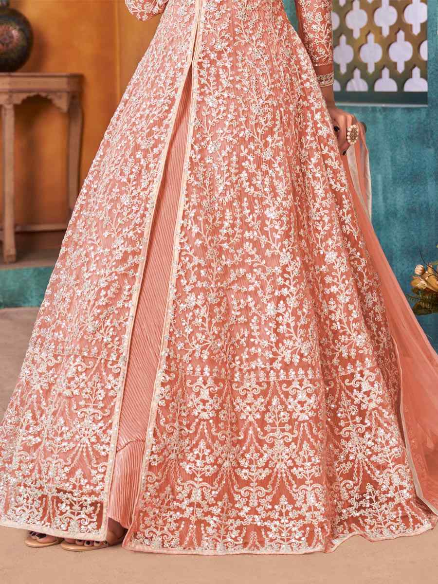 Peach Net Embroidered Party Engagement Anarkali Salwar Kameez