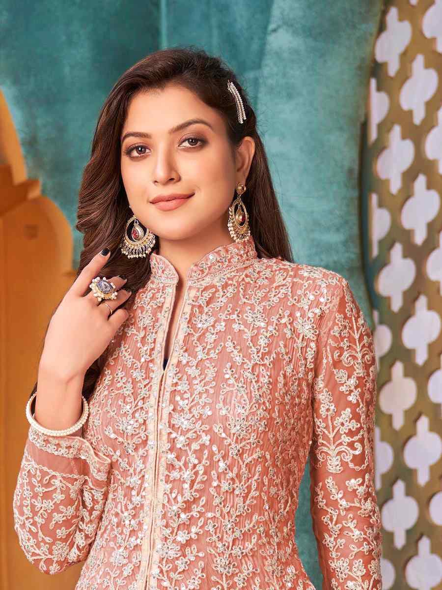 Peach Net Embroidered Party Engagement Anarkali Salwar Kameez