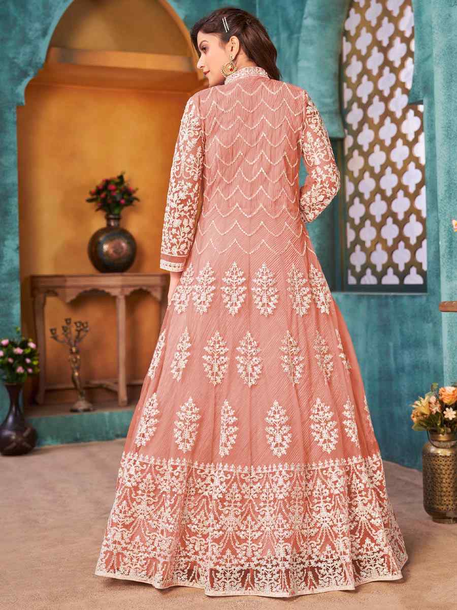 Peach Net Embroidered Party Engagement Anarkali Salwar Kameez