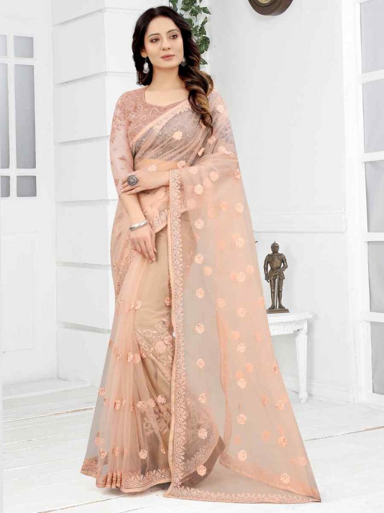 Peach Net Embroidered Party Reception Contemporary Saree
