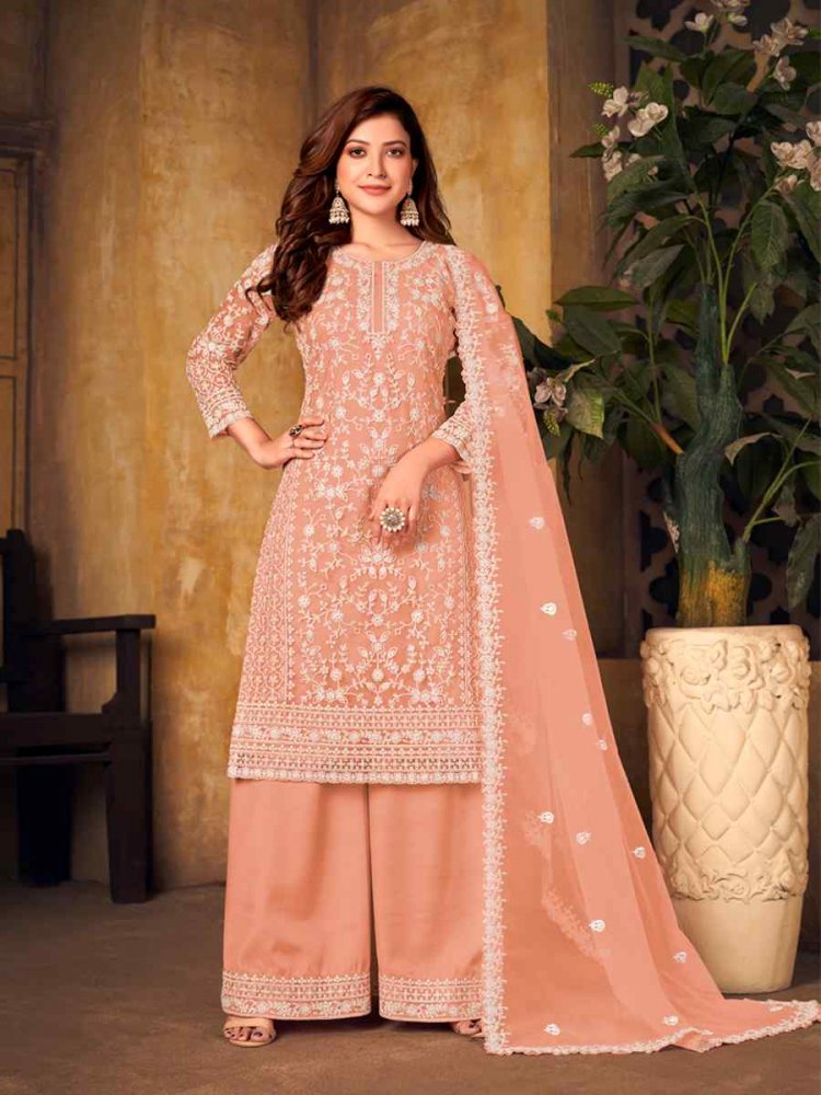 Peach Net Embroidered Party Wedding Palazzo Pant Salwar Kameez