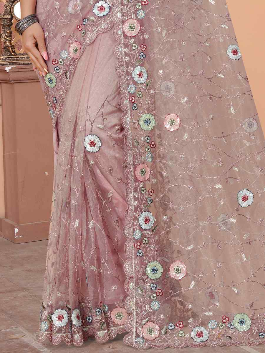 Peach Net Embroidered Reception Party Heavy Border Saree