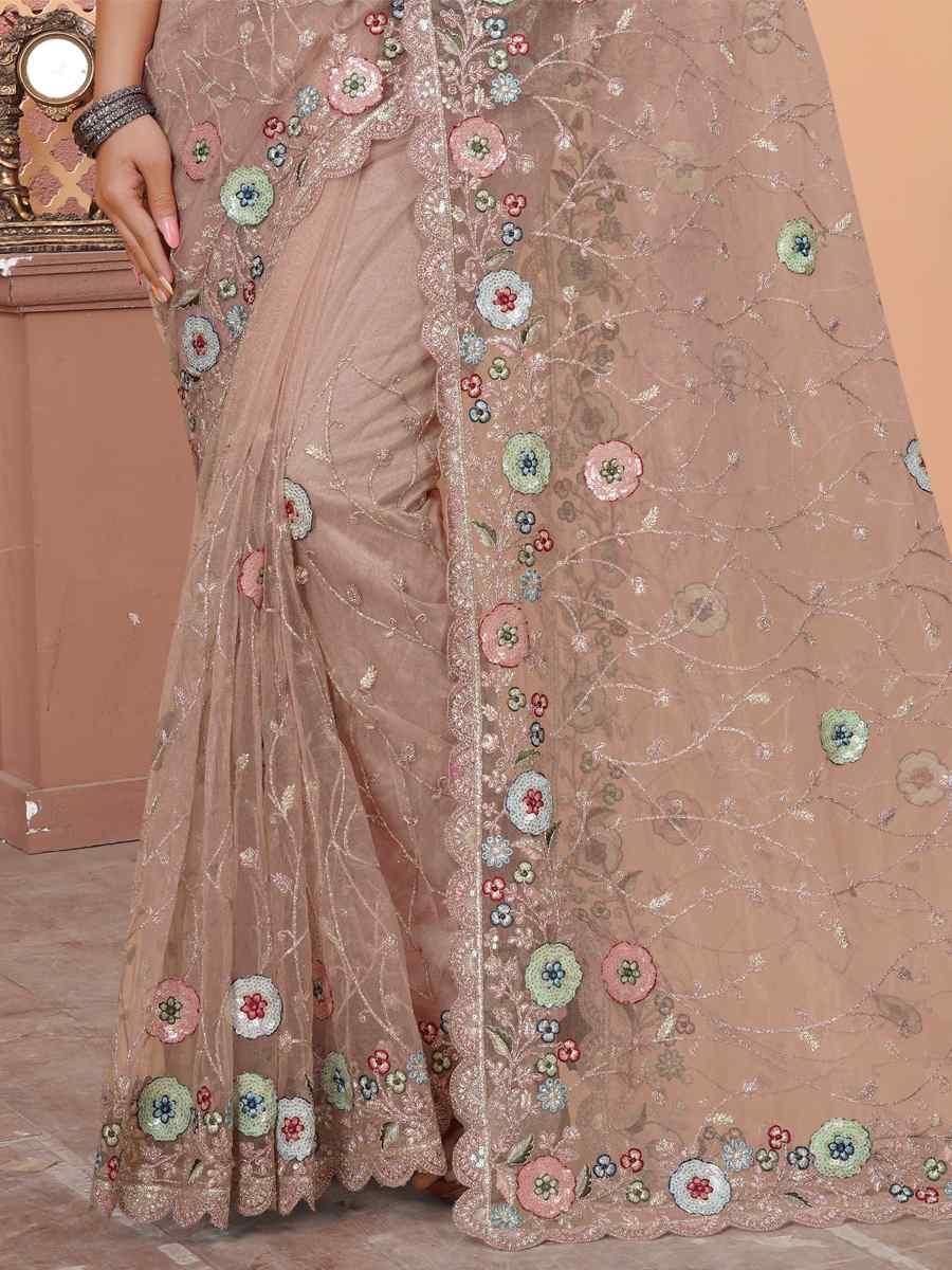 Peach Net Embroidered Reception Party Heavy Border Saree