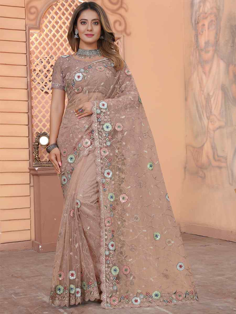 Peach Net Embroidered Reception Party Heavy Border Saree