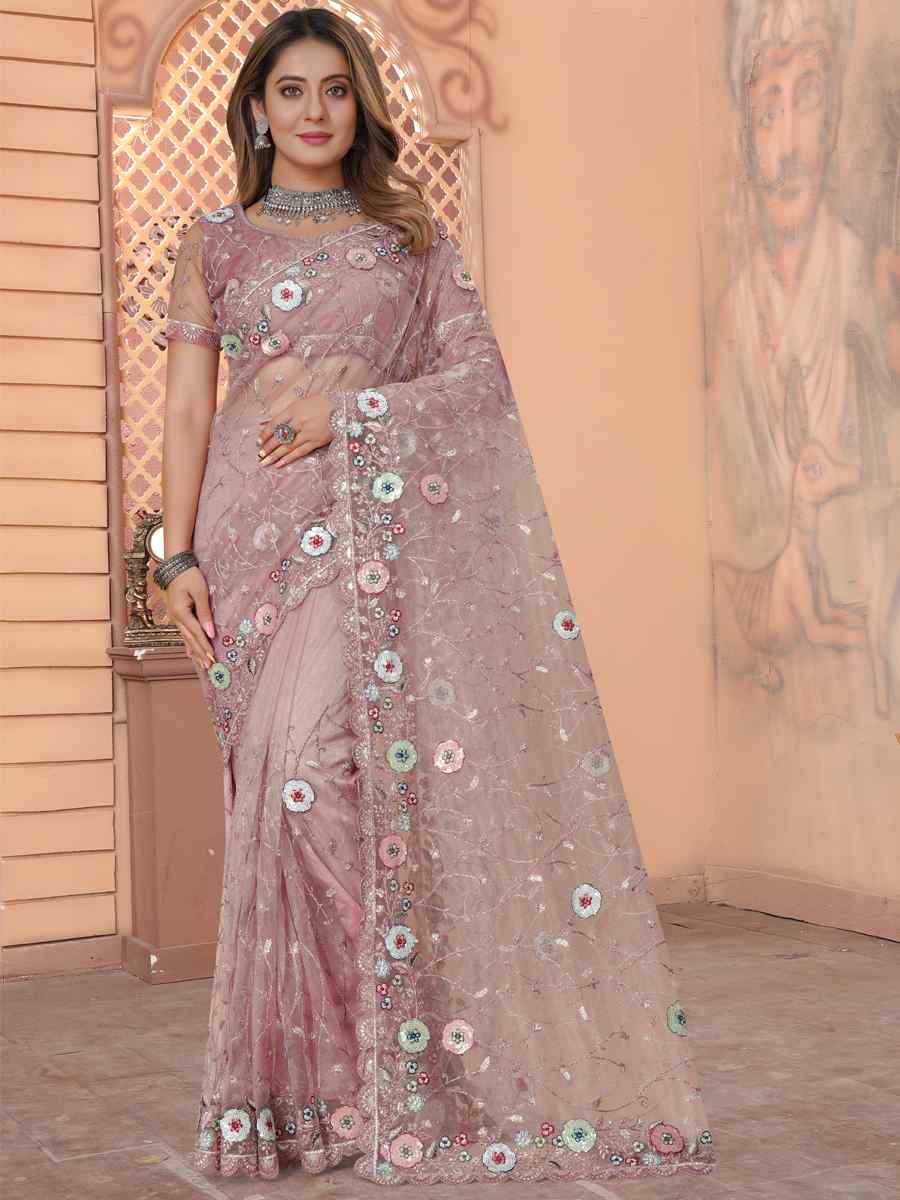 Peach Net Embroidered Reception Party Heavy Border Saree