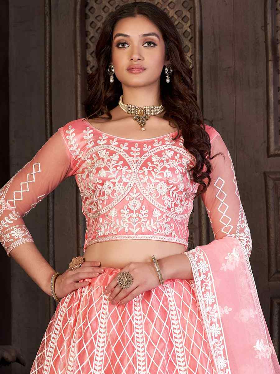 Peach Net Embroidered Reception Wedding Heavy Border Lehenga Choli