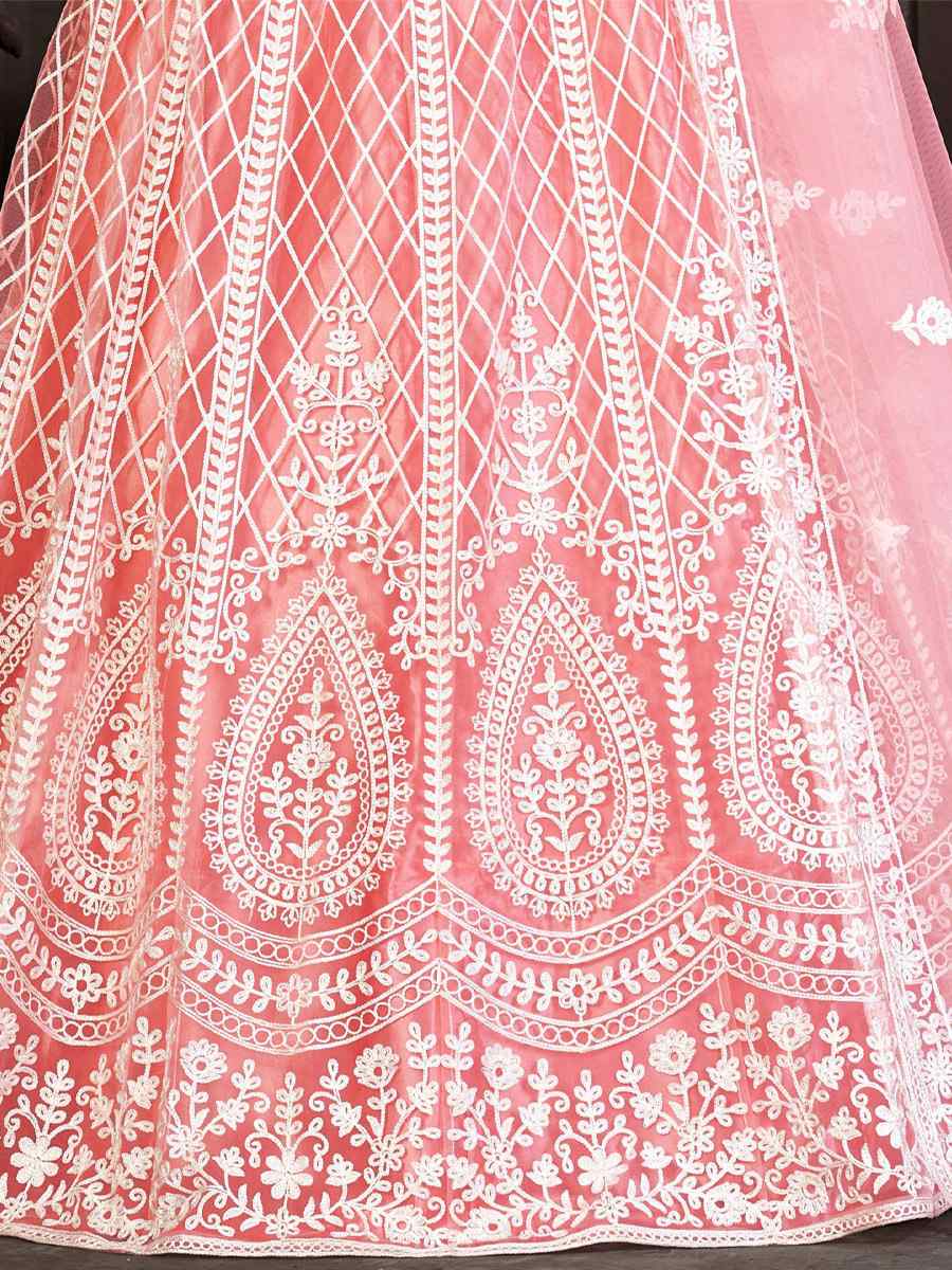 Peach Net Embroidered Reception Wedding Heavy Border Lehenga Choli