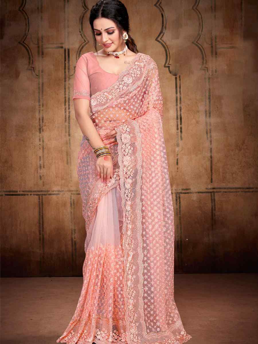Peach Net Embroidered Wedding Festival Heavy Border Saree