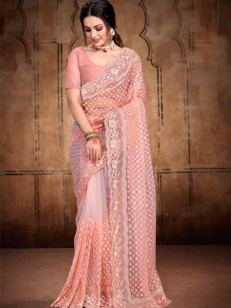 Peach Net Embroidered Wedding Festival Heavy Border Saree