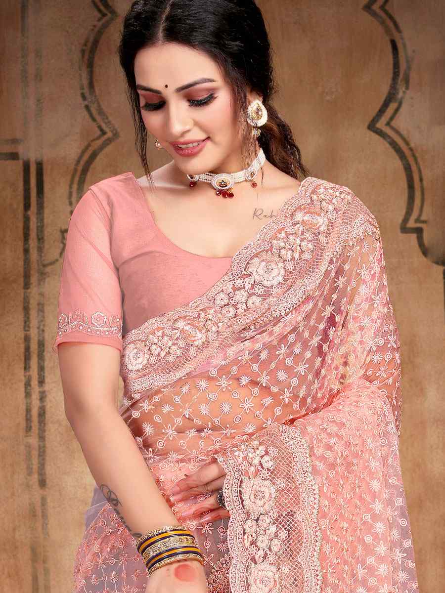 Peach Net Embroidered Wedding Festival Heavy Border Saree
