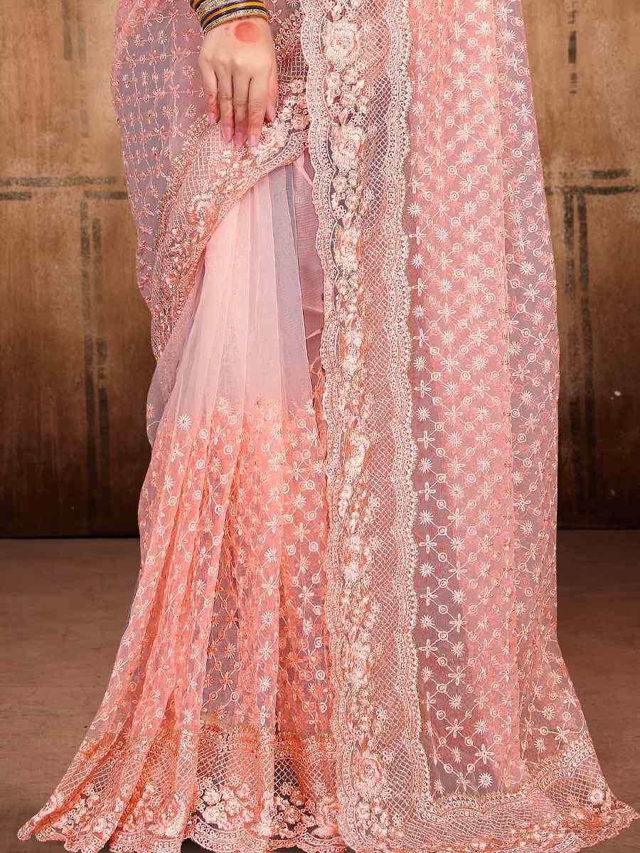 Peach Net Embroidered Wedding Festival Heavy Border Saree