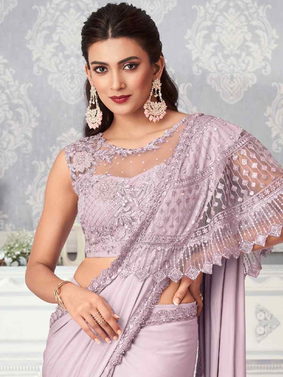 Peach Net Embroidered Wedding Party Heavy Border Saree