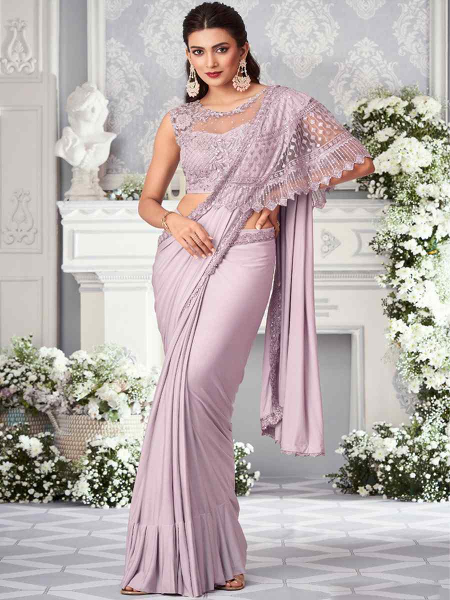 Peach Net Embroidered Wedding Party Heavy Border Saree