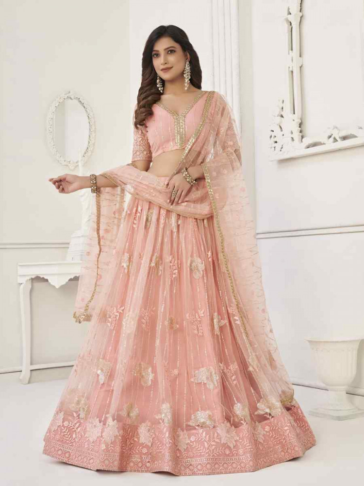 Image of Peach Net Embroidered Wedding Reception Festival Heavy Border Lehenga Choli