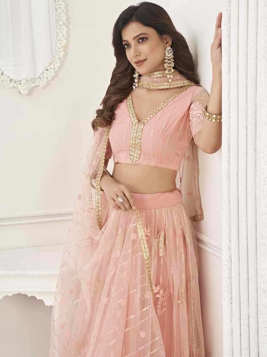 Peach Net Embroidered Wedding Reception Festival Heavy Border Lehenga Choli