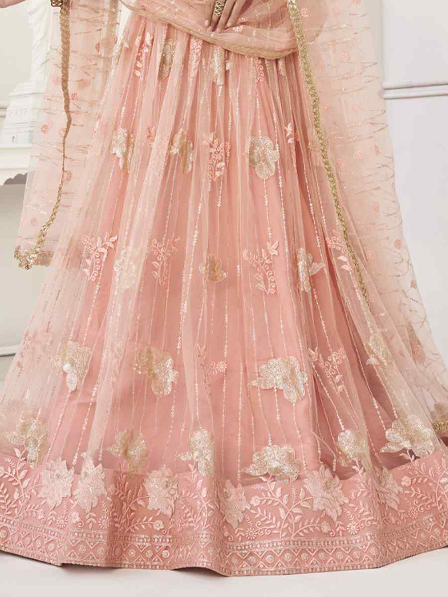 Peach Net Embroidered Wedding Reception Festival Heavy Border Lehenga Choli