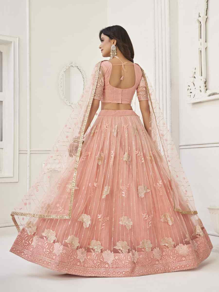Peach Net Embroidered Wedding Reception Festival Heavy Border Lehenga Choli