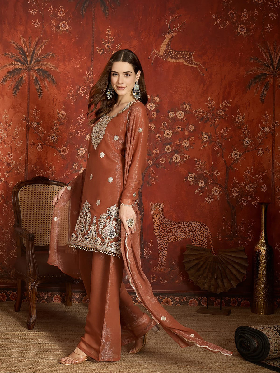 Peach Net Embroidery Wedding Party Festival Casual Ready Palazzo Pant Salwar Kameez