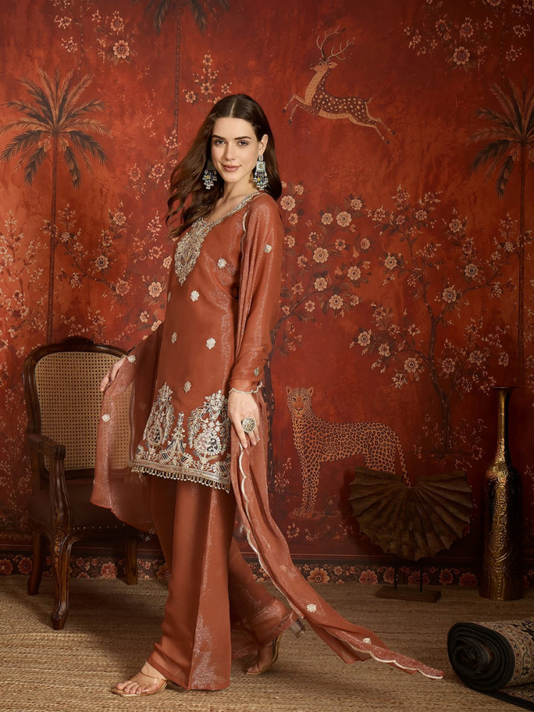 Image of Peach Net Embroidery Wedding Party Festival Casual Ready Palazzo Pant Salwar Kameez