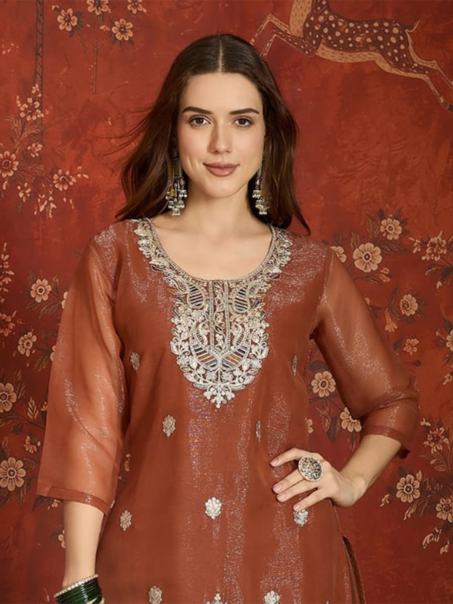 Peach Net Embroidery Wedding Party Festival Casual Ready Palazzo Pant Salwar Kameez