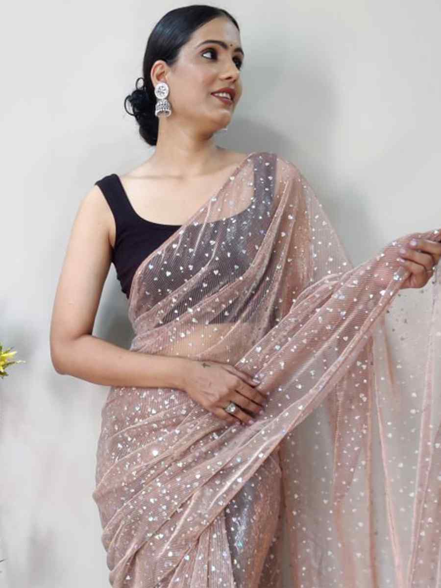 Peach Net Printed Casual Festival Contemporary Saree