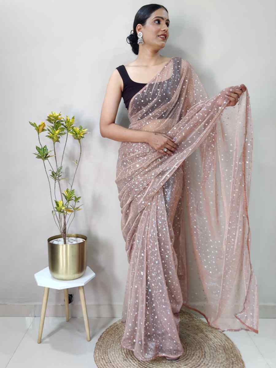 Peach Net Printed Casual Festival Contemporary Saree