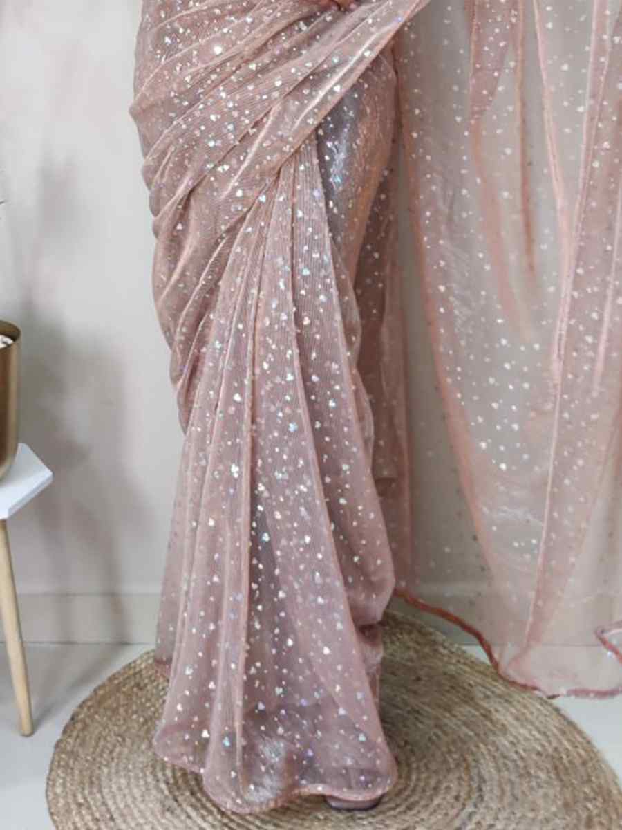 Peach Net Printed Casual Festival Contemporary Saree