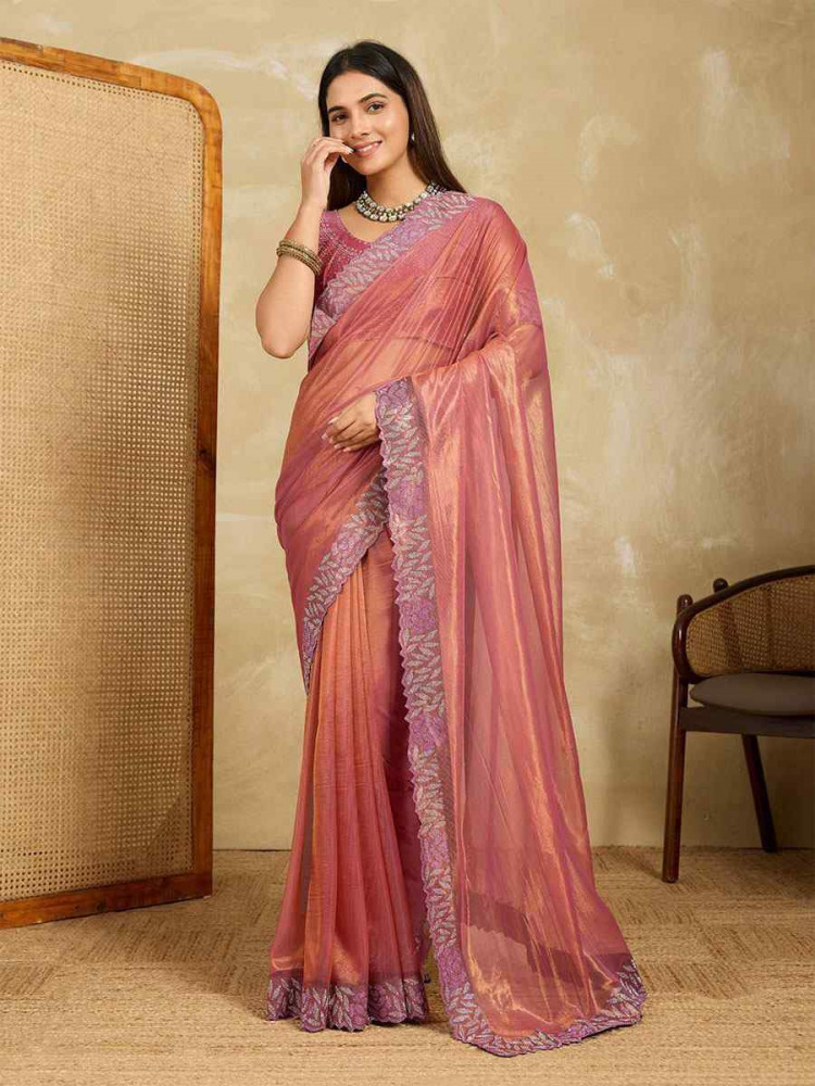 Image of Peach Net Stone Embroidery Festival Wedding Fancy Classic Heavy Border Saree