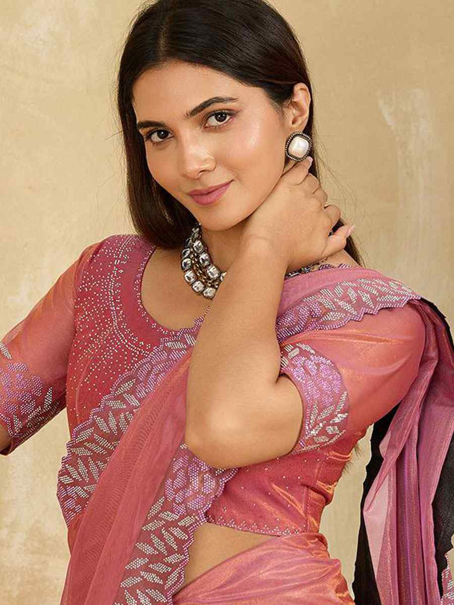 Peach Net Stone Embroidery Festival Wedding Fancy Classic Heavy Border Saree