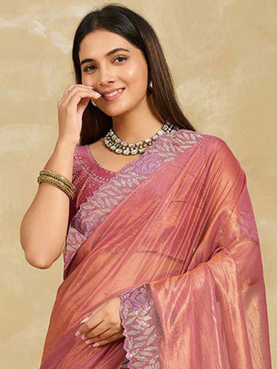 Peach Net Stone Embroidery Festival Wedding Fancy Classic Heavy Border Saree