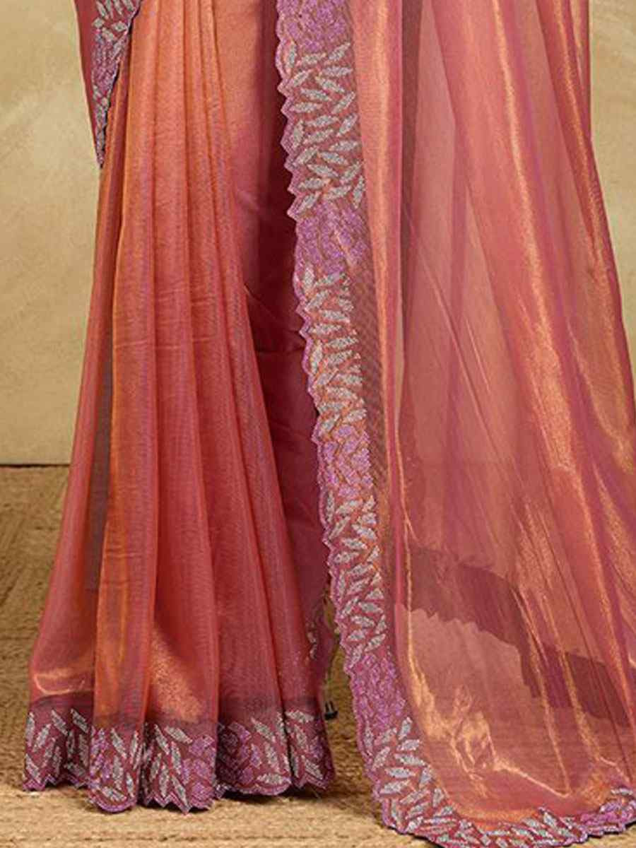 Peach Net Stone Embroidery Festival Wedding Fancy Classic Heavy Border Saree