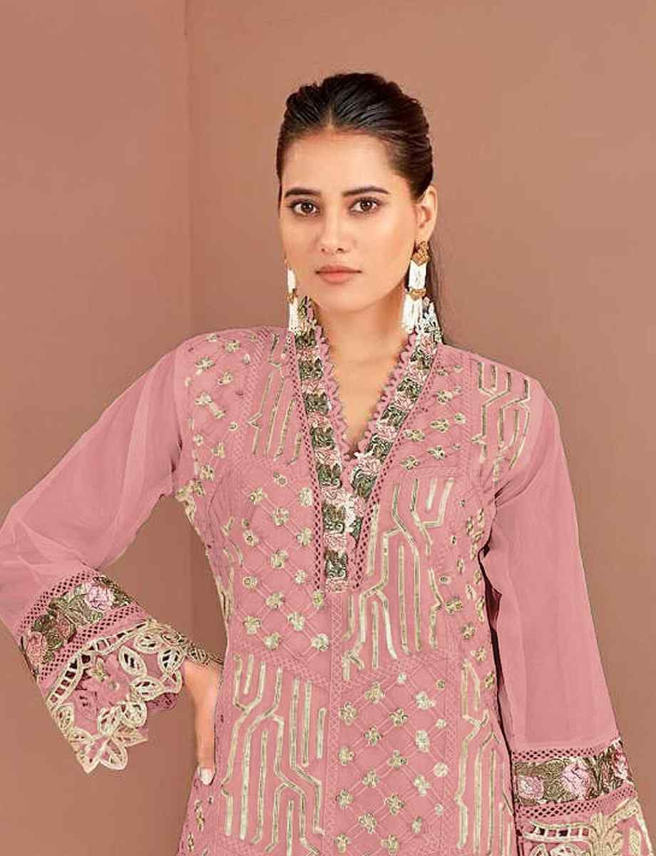 Peach Nylon Organza Embroidered Festival Wedding Pant Salwar Kameez