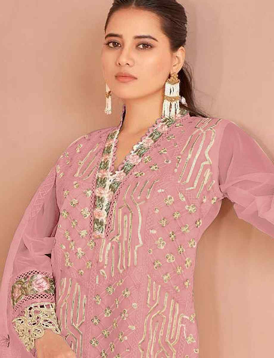 Peach Nylon Organza Embroidered Festival Wedding Pant Salwar Kameez