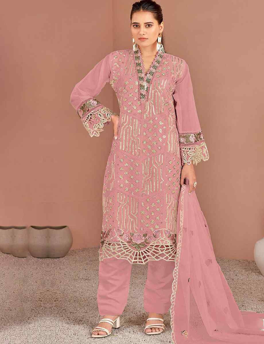 Peach Nylon Organza Embroidered Festival Wedding Pant Salwar Kameez