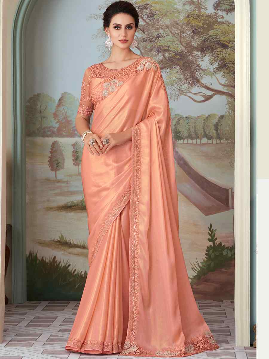 Peach Oracle Silk Embroidered Party Festival Heavy Border Saree