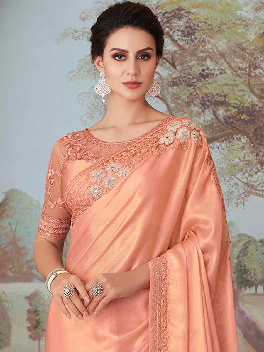 Peach Oracle Silk Embroidered Party Festival Heavy Border Saree