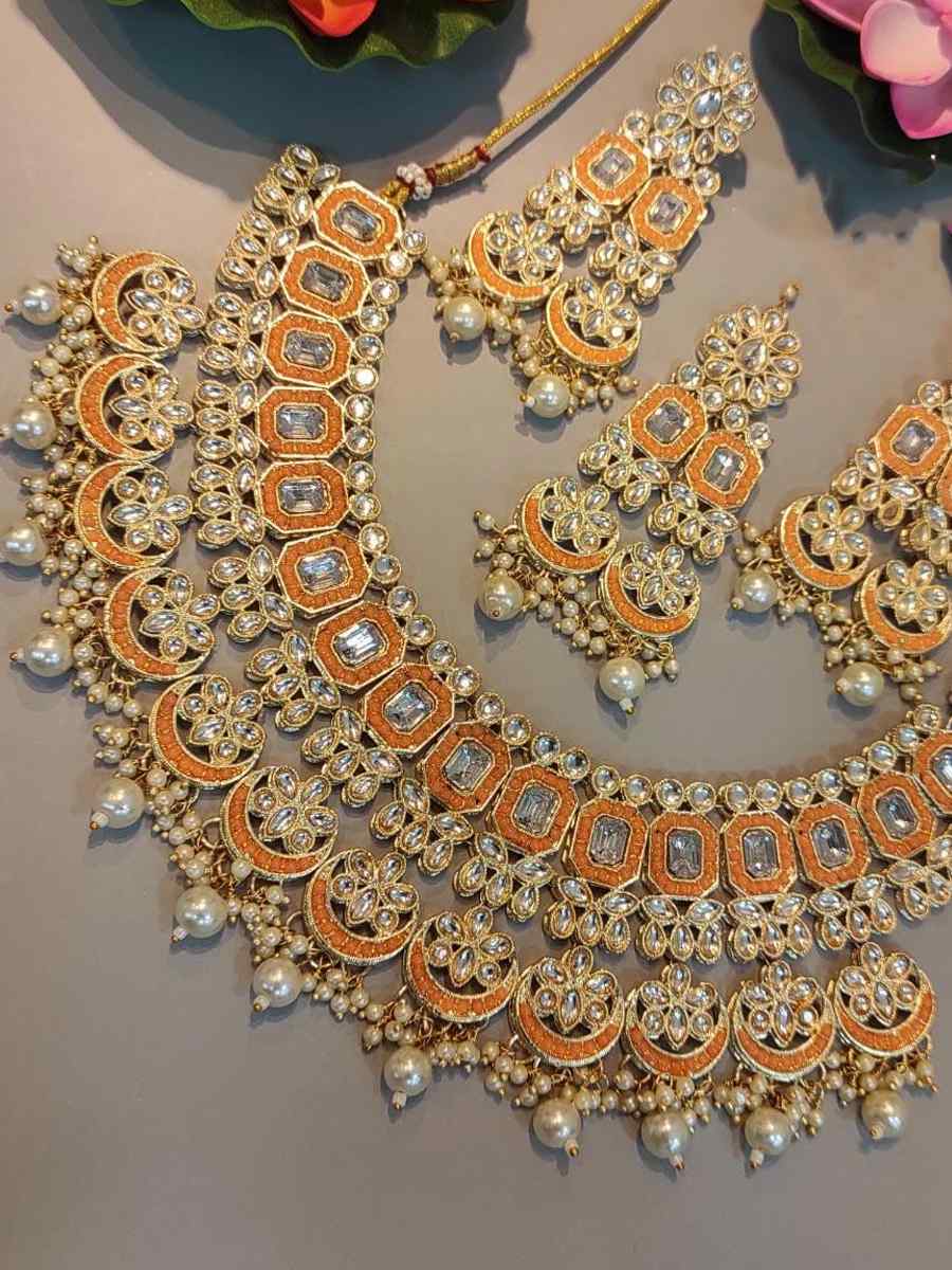 Peach Orange Alloy Festival Wear Diamonds Necklace