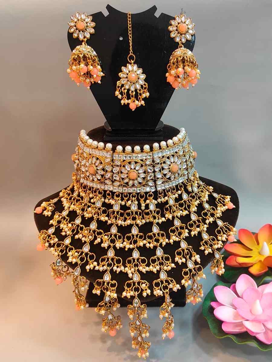Peach Orange Alloy Festival Wear Diamonds Necklace