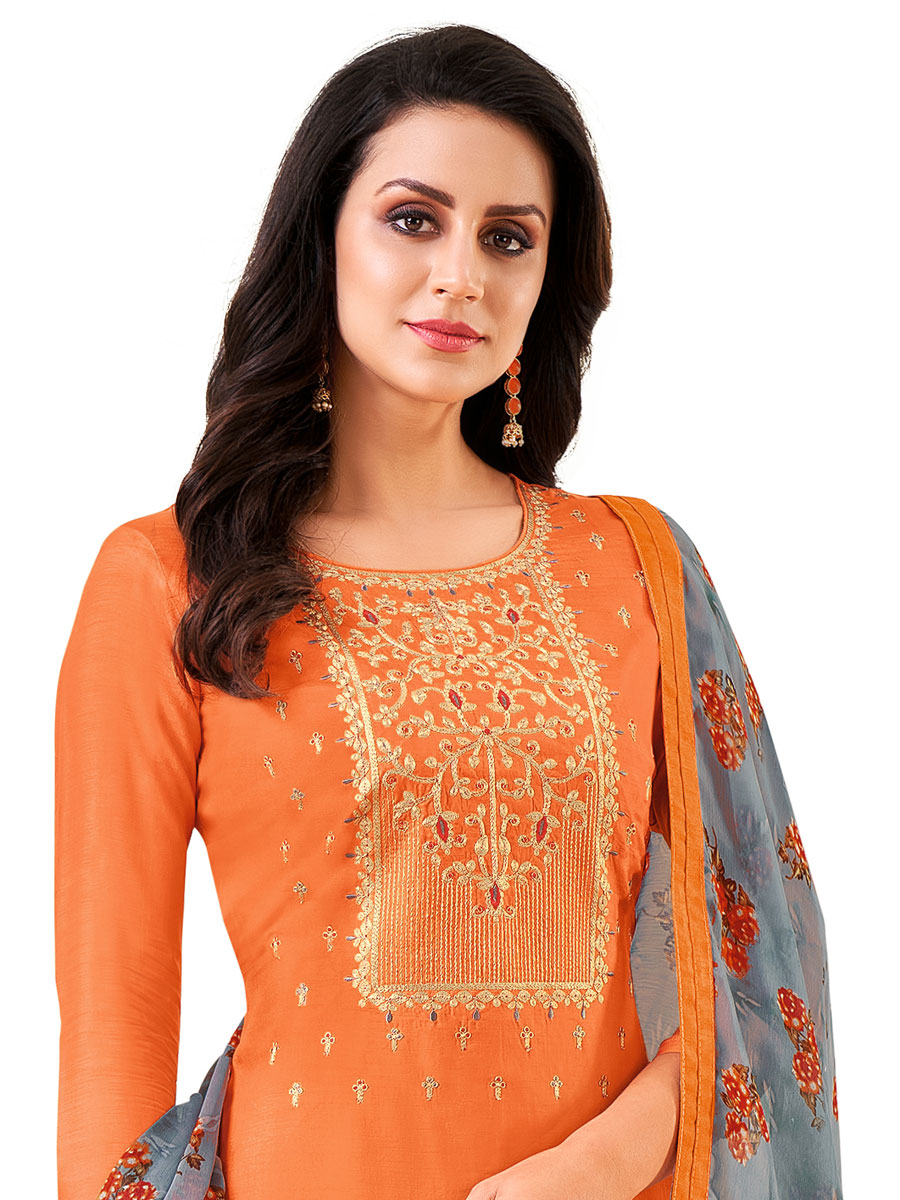 Peach Orange Chanderi Cotton Embroidered Party Churidar Pant Kameez