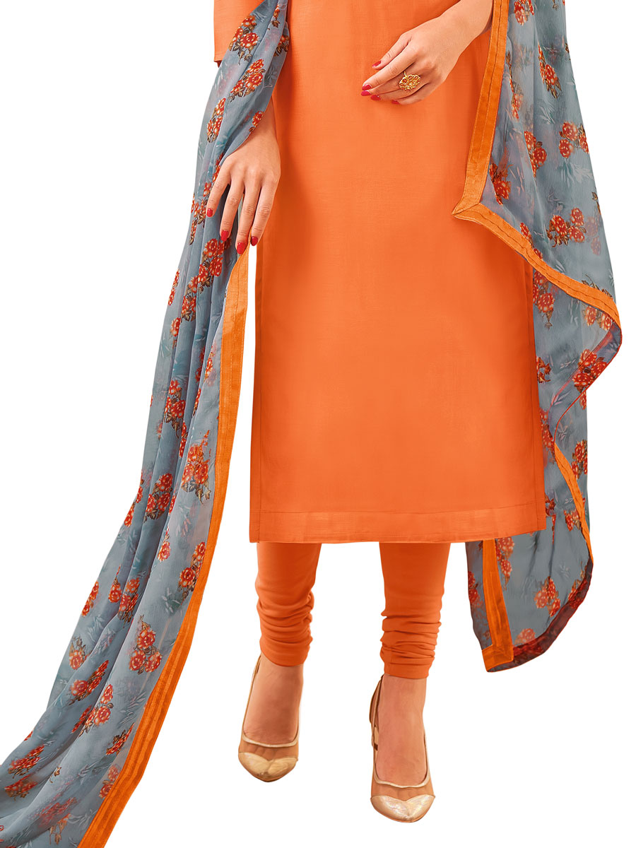 Peach Orange Chanderi Cotton Embroidered Party Churidar Pant Kameez