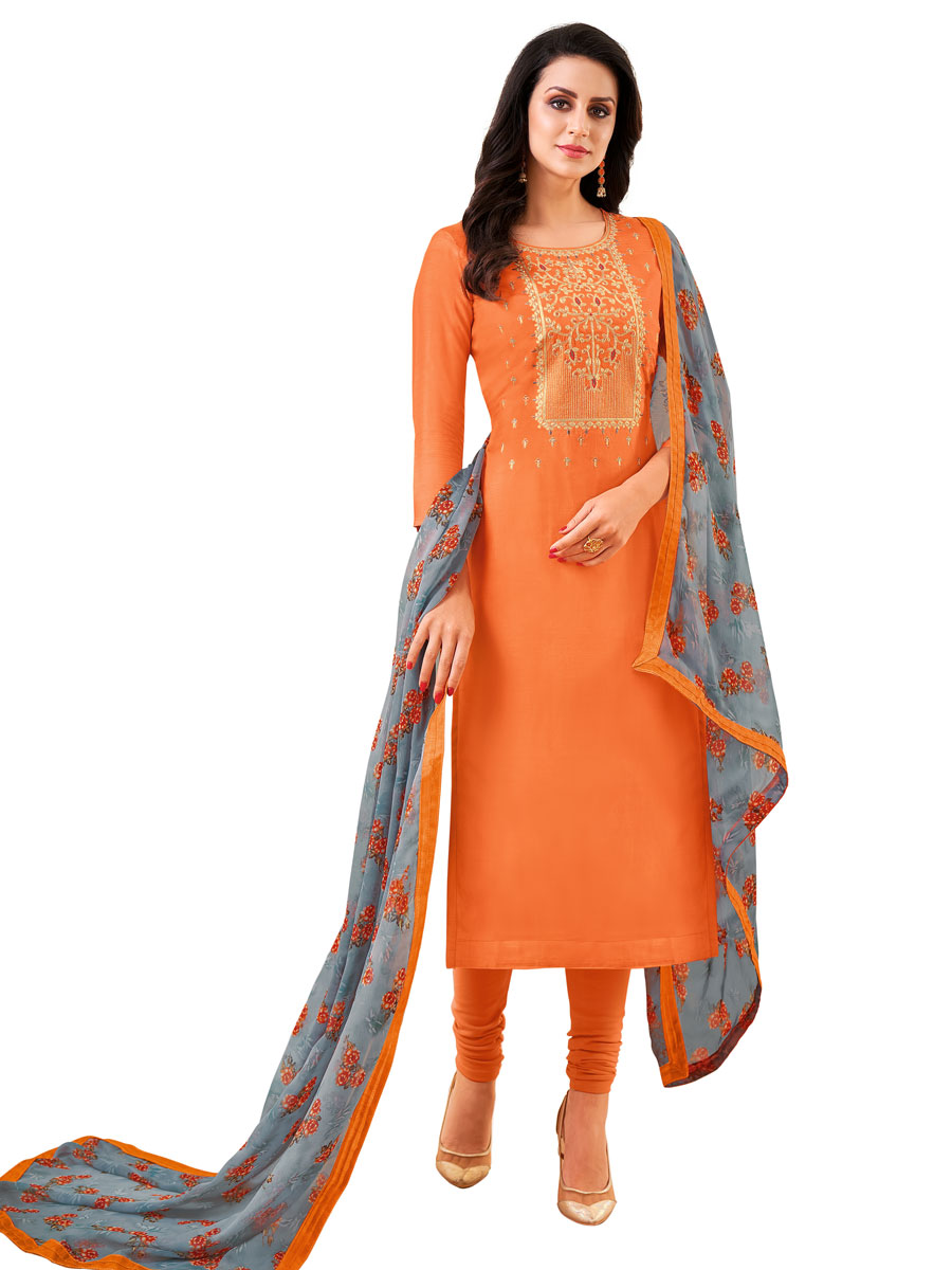 Peach Orange Chanderi Cotton Embroidered Party Churidar Pant Kameez