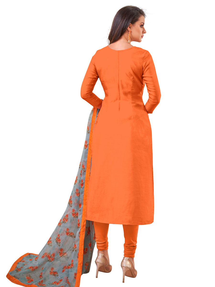 Peach Orange Chanderi Cotton Embroidered Party Churidar Pant Kameez