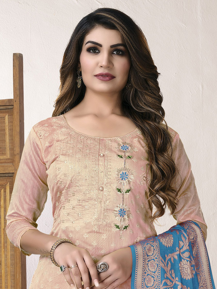 Peach Orange Chanderi Cotton Embroidered Party Palazzo Pant Kameez