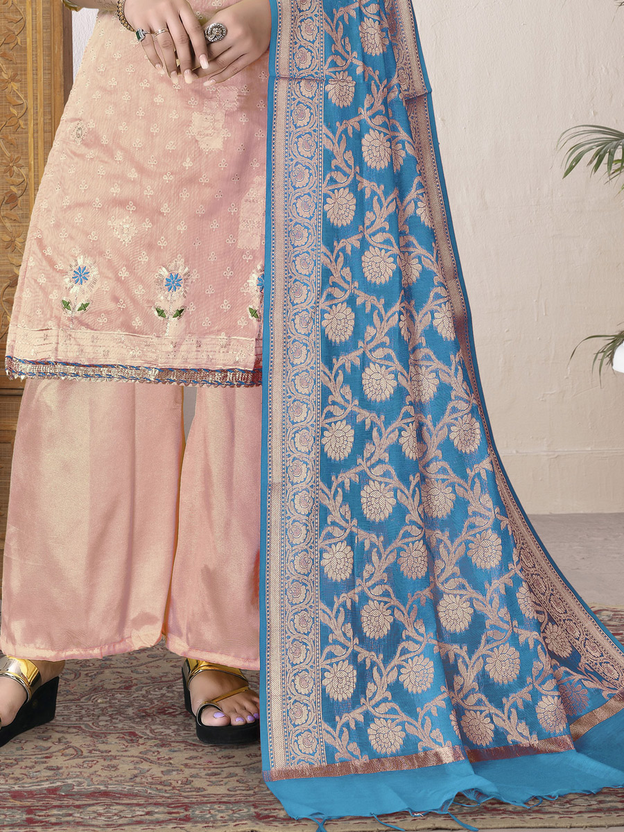 Peach Orange Chanderi Cotton Embroidered Party Palazzo Pant Kameez