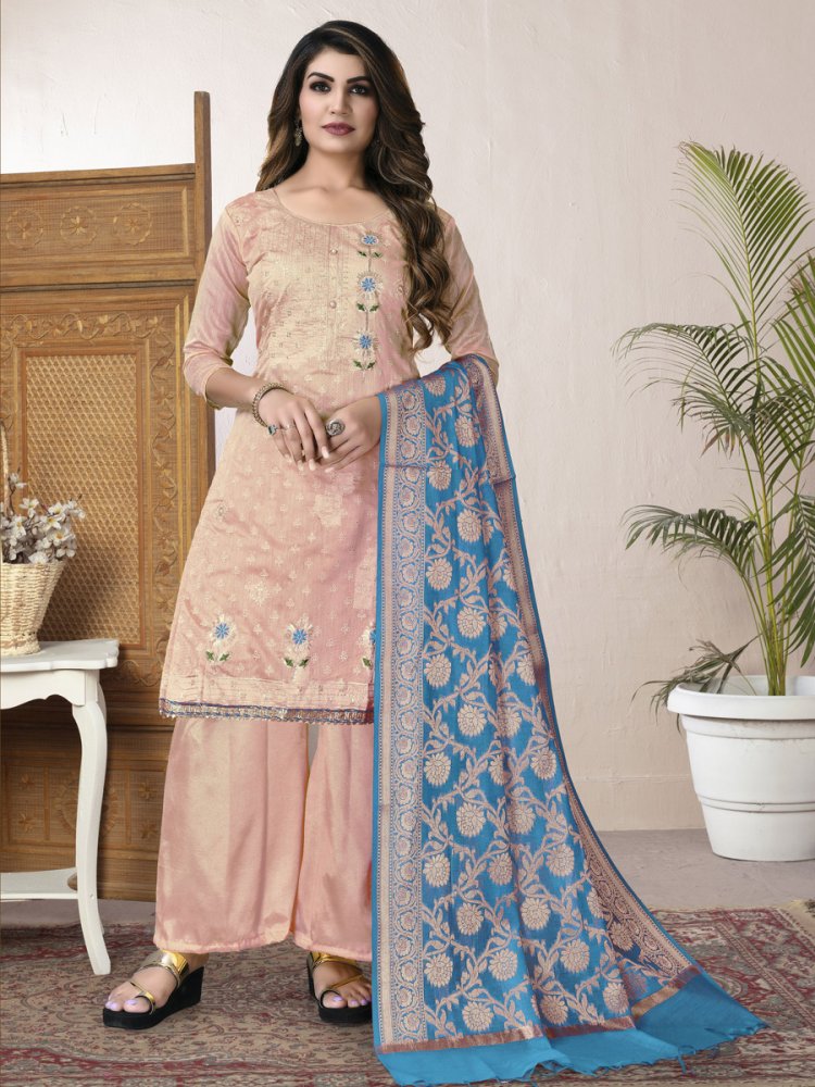 Peach Orange Chanderi Cotton Embroidered Party Palazzo Pant Kameez
