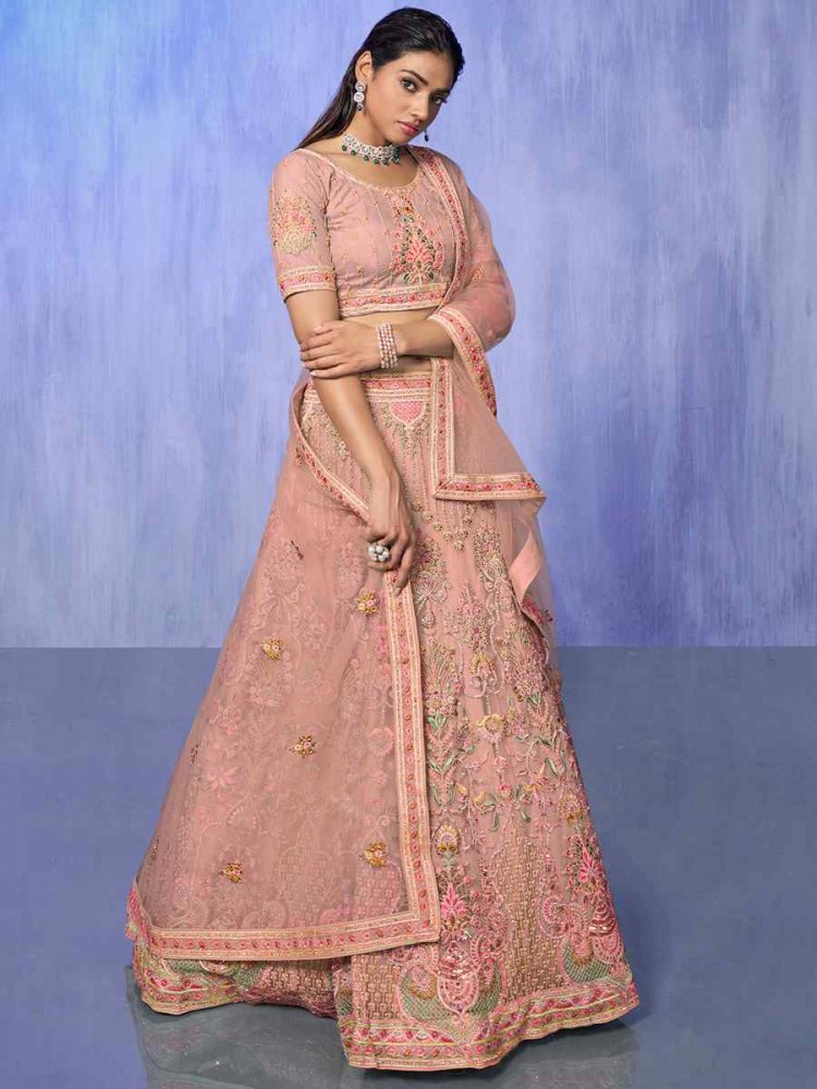 Peach Orange Net Embroidered Bridal Reception Heavy Border Lehenga Choli